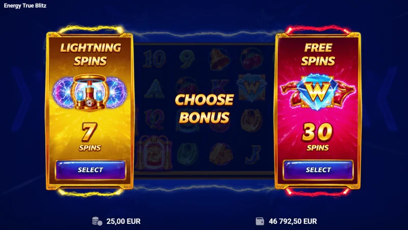 Energy True Blitz - selezione dell'opzione Lightning Spins